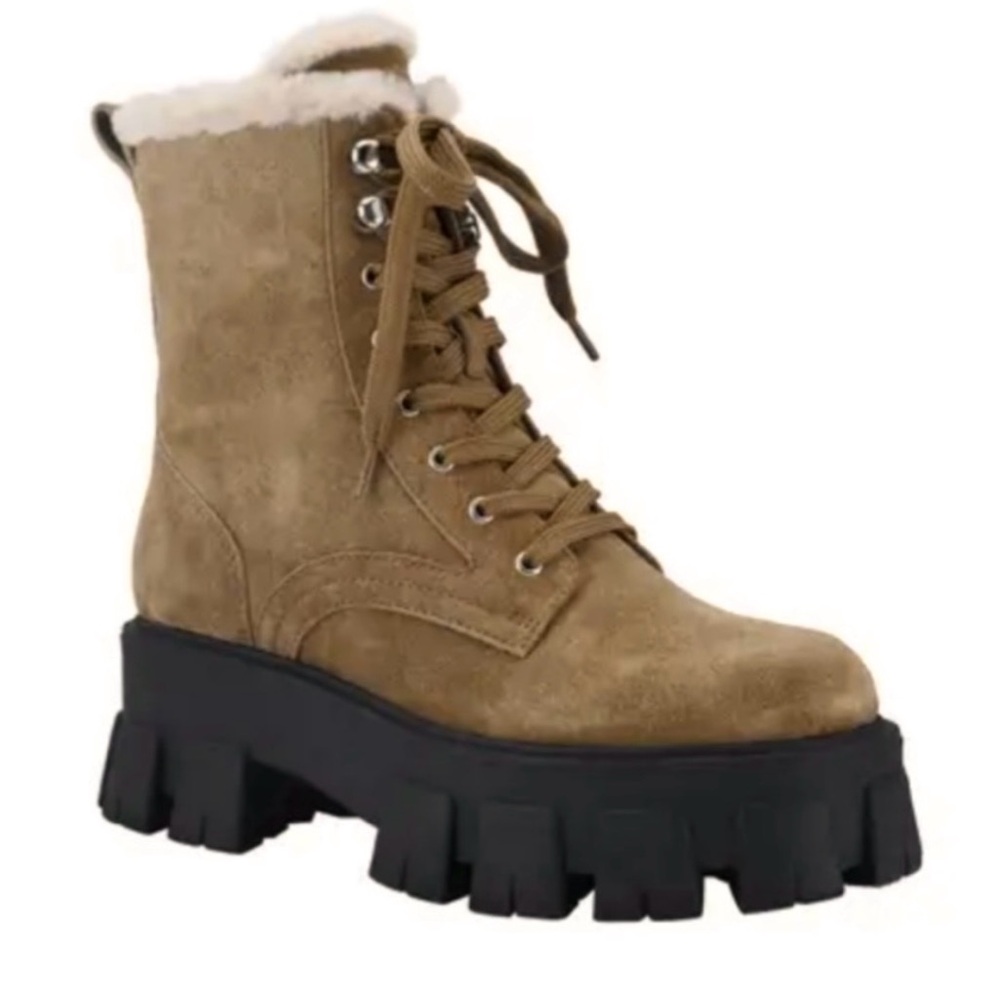 MARC FISHER LTD Happier Faux Fur Lug Sole Combat Boot in Medium Brown, Size 7.5